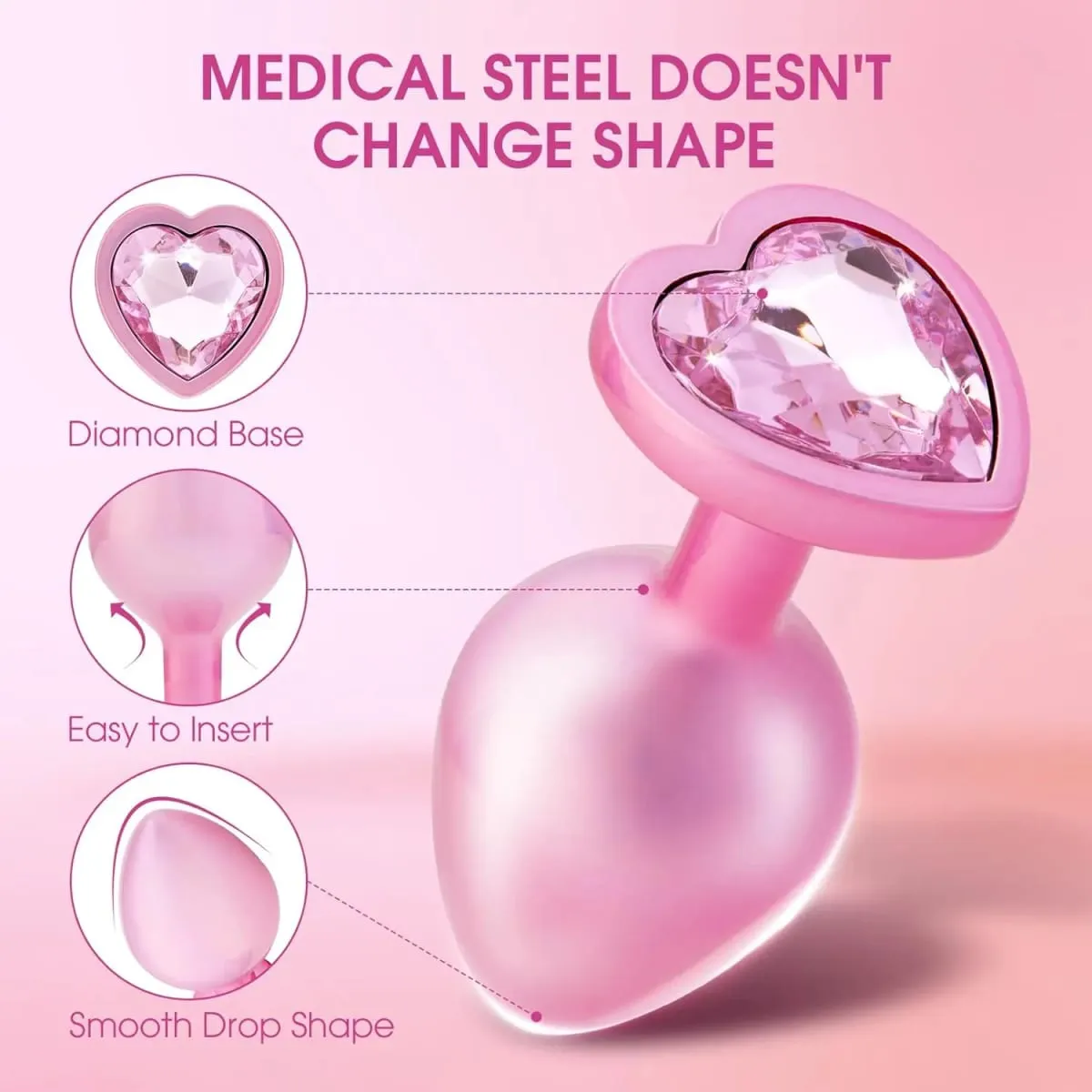 Crystal Diamond Heart Base Metal Butt Plug 3 Sizes Anal Plug Anal Trainer for Beginners Unisex Prostate Massage Adult Sex Toys — image 3
