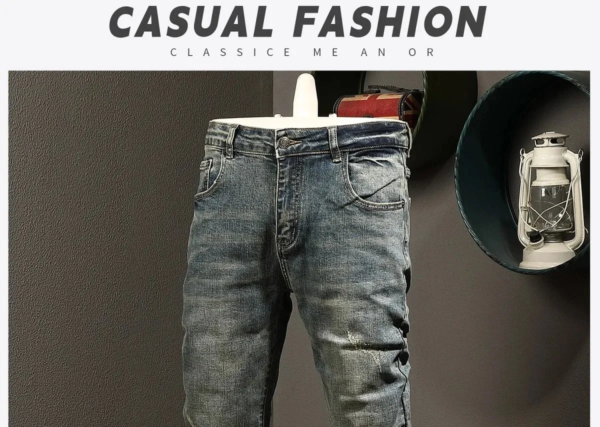 Classic minimalist retro blue jeans men's stretch slim fit 2025 autumn street fashion nostalgic small leg pants — image 9