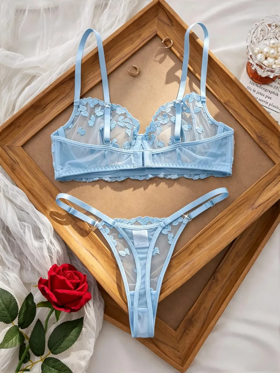 French Style Blue Lace Bra and Panties Set Women Sexy Eyelash Lace Underwear Transparent Mesh Two Piece Lingerie — image 3