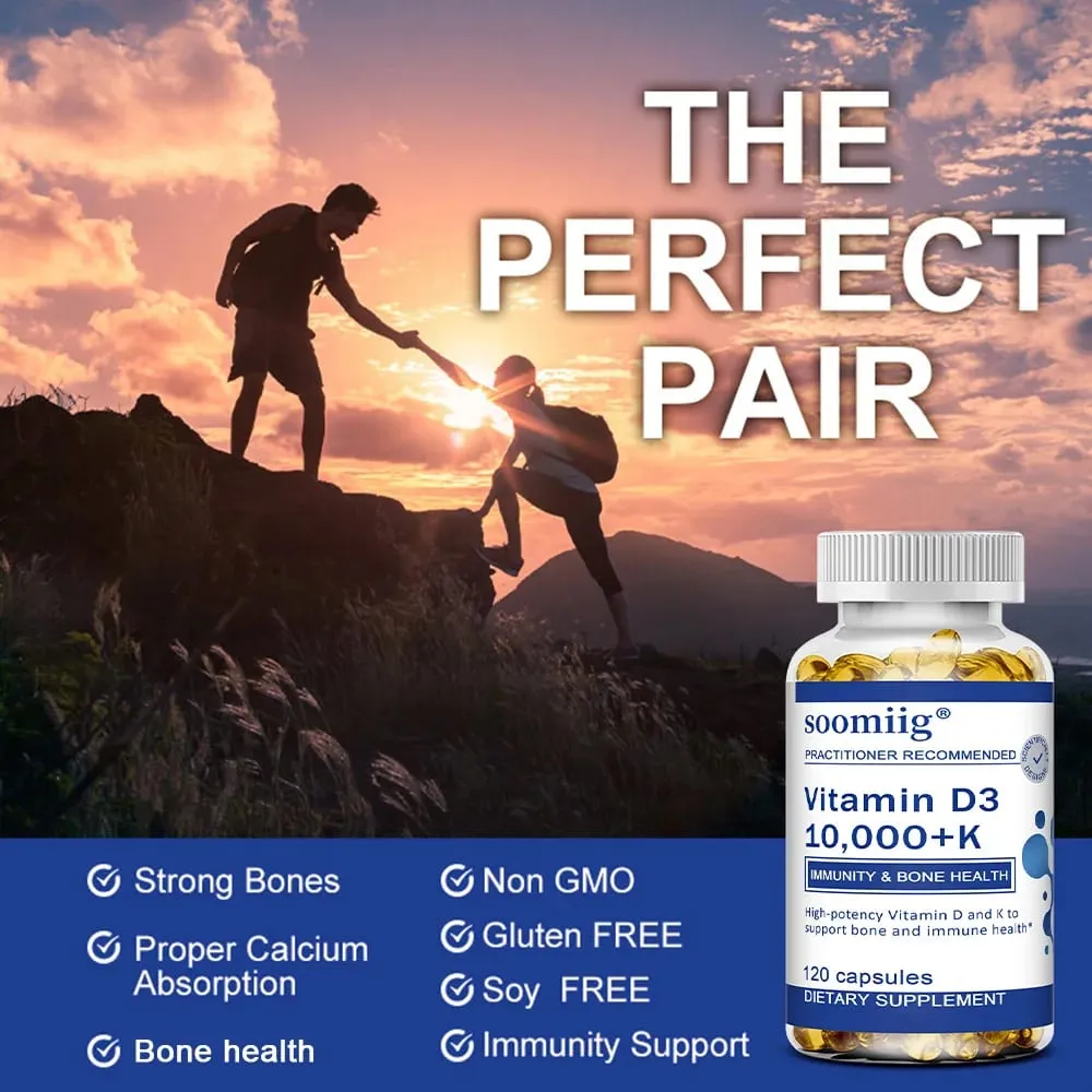 Vitamin D3 10000 IU + K2 Mk7 Capsules 120pcs for Bone Heart Health & Immune Support Non-GMO Vegan Enhanced Absorption