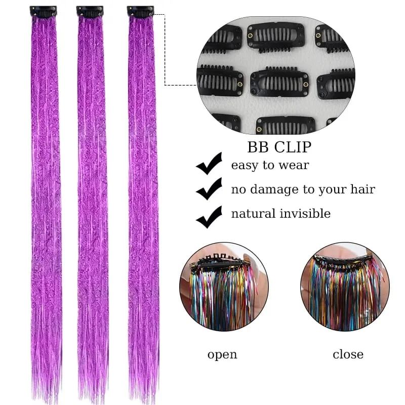 2PCS Synthetic Hair Tinsel Clip in Extensions Colored Sparkle Hair Tinsel Kit with BB Clip for Kids Girls Christmas Party Use — image 4