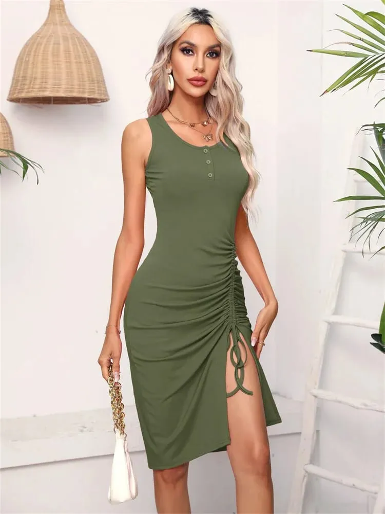 Women Spring Summer Style Dress Lady Casual High Elastic Sleeveless Solid Color Split Sheath Dress DF5011 — image 5