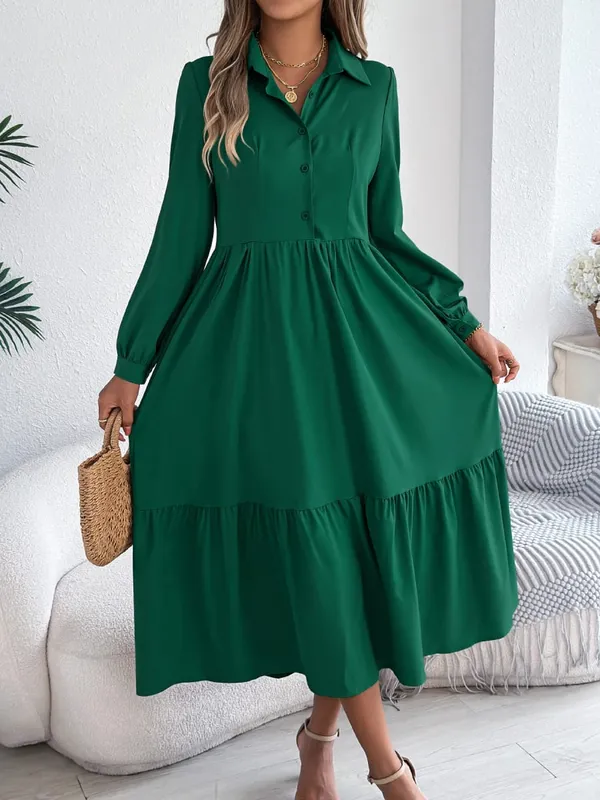 Women Fall Elegance Lapel Collar Button Front Shirt Dress Ruffle Trim Solid Midi Long Sleeve Wedding Dresses — image 3