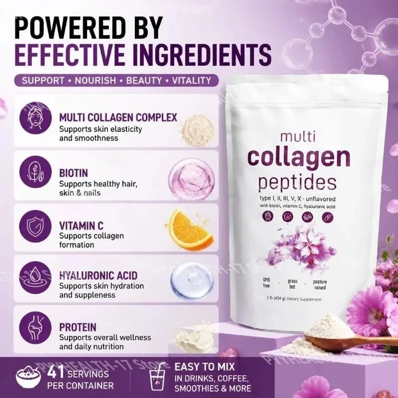 Multi Collagen Peptides Powder Type I II III V พร้อมไบโอตินวิตามินซีและกรดไฮยาลูโรนิกรองรับผิวผมเล็บสำหรับผู้ชายผู้หญิง — image 3