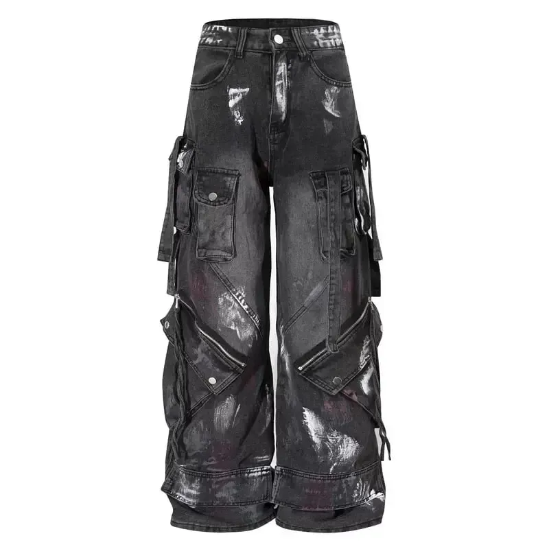 2000s Y2K heavy industry drag pants Gothic multi-pocket hip hop wide leg jeans washed black jeans men and women street pants — image 8