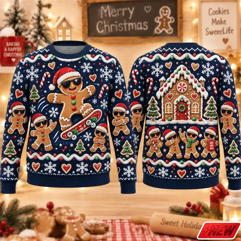 Christmas Ugly Sweater Men Holiday Gift Trendy 3D Print Funny Skateboarding Gingerbread Man House Pattern Pullover Unisex Hoodie — image 3