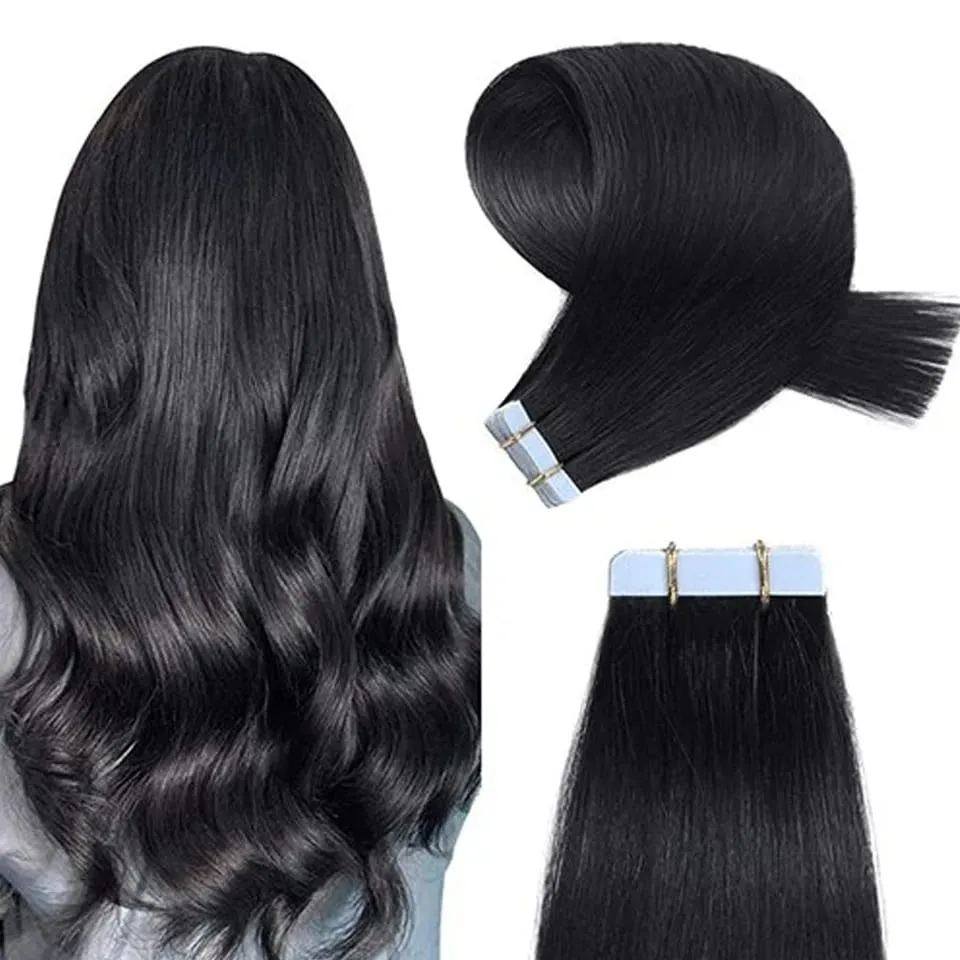 Straight Tape in Hair Extensions Human Hair Natural Black #1B Remy Tape in Human Hair Extensions for Women Double Sided Seamless Thick End Silky Straight 20pcs 50 Gram 26 Inch