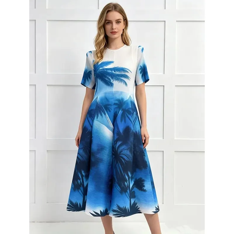 Miyake Pleated Geometric Print A-Line Dresses European New Short Sleeve Simple Elegant Commuter Plus Size Stretch Women's Dress — image 4