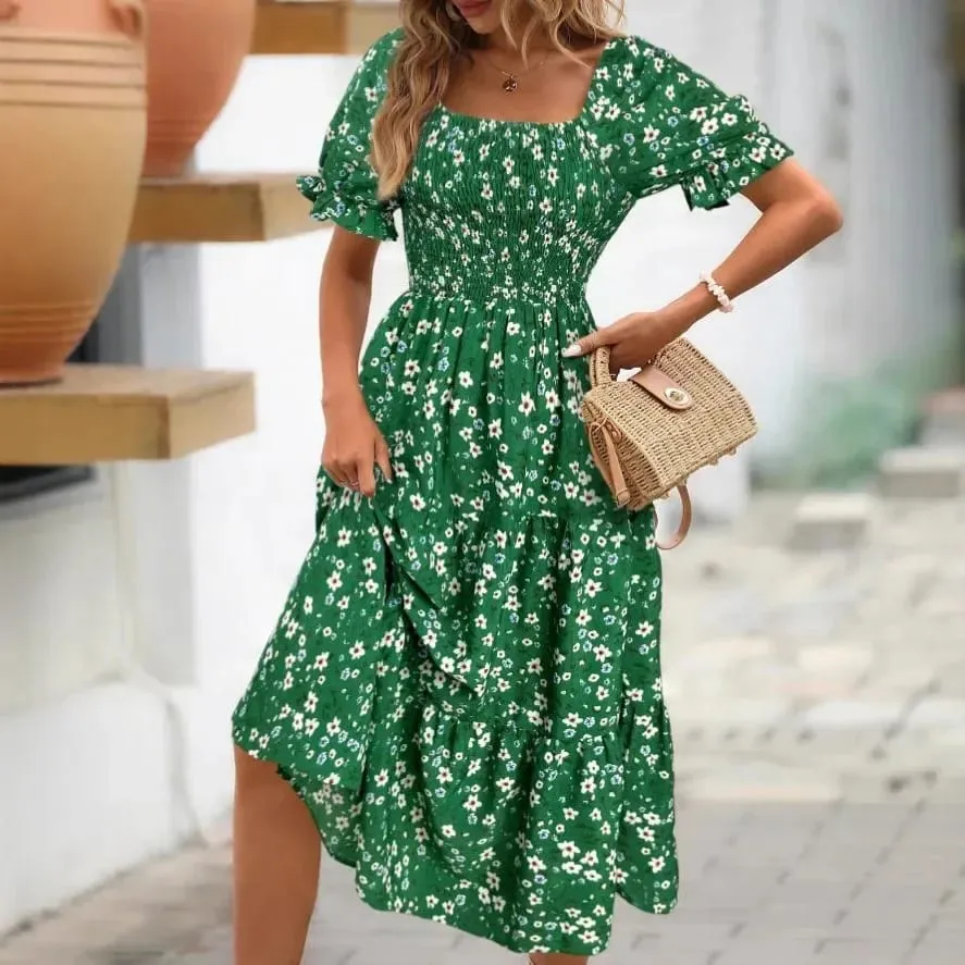 2025 New Women's Printed Dress Square Collar Bubble Sleeve Empire Waist Midi Dress Short Sleeve Cross-Border Independent Station — image 5