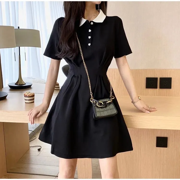 Women's Contrast Collar Polo Dress Summer Short Sleeve Button Front A Line Casual Mini Dress — image 3