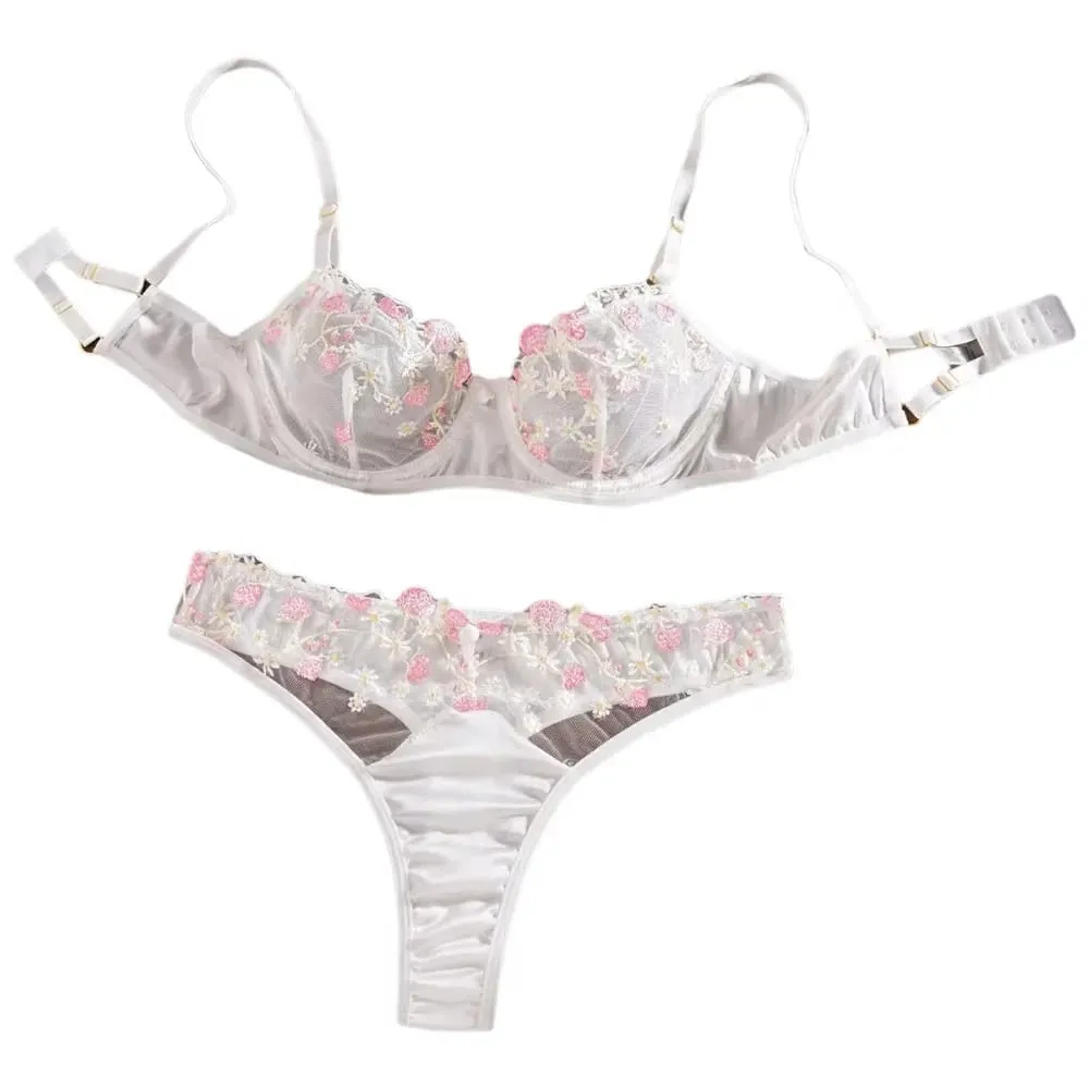 See Through Ultra Thin Transparent Mesh Bra Tongs Sets Underwear Flora Embroidery Underwire Sexy Lingerie Women Brassiere White — image 2