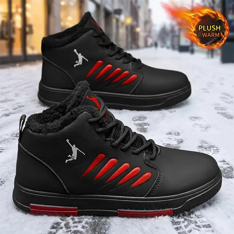 Men Winter Fleece Lined High‑top Sneakers Lace‑up Leather Upper Non‑slip Sole Warm Casual Skate Shoes For Daily Wear — image 1