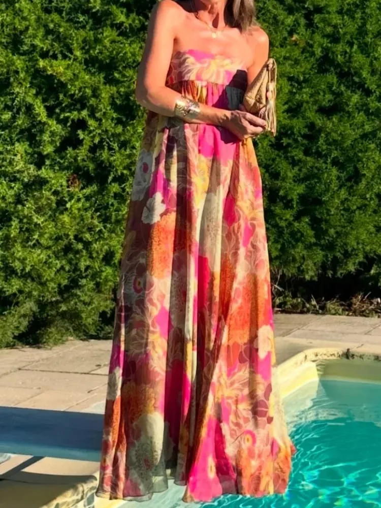 Women Fashion Printed Strapless Maxi Dress Elegant Off Shoulder Backless Sleeveless High Waist Gown Summer New Lady Party Robes — image 1