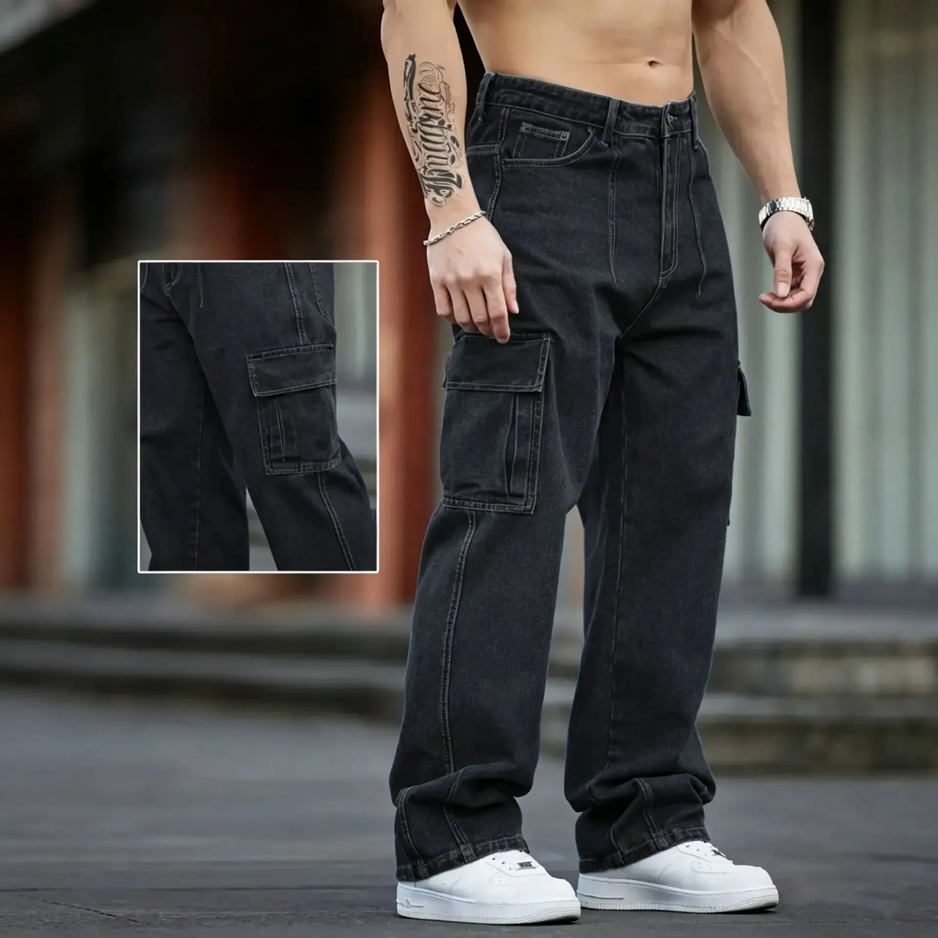 2026 New Arrival Men Cargo Jeans Multi‑Pocket Loose Wide Leg Straight Denim Pants HipHop Street Workwear Trousers — image 4