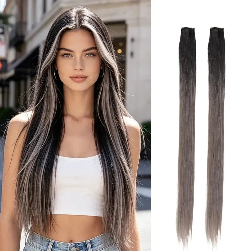 2Pcs Pack Two-Tone Ombre Highlight Clip in Wig Straight Hair Piece Synthetic Fiber Comb for Daily Party Look — image 13
