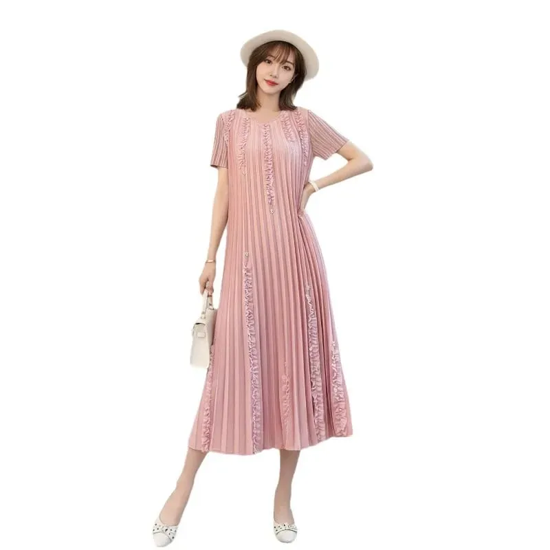 Miyake Pleated Elegant Dresses Women 2026 Summer New Vacation Solid Color Dress Loose Pleats Short Sleeve Plus Size Fold Dress
