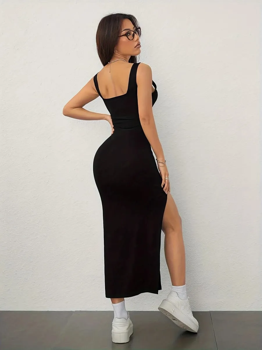Women's Spring/Summer Sexy Elegant Square Neck Off-Shoulder Backless Split Hip Strappy Dress — image 3