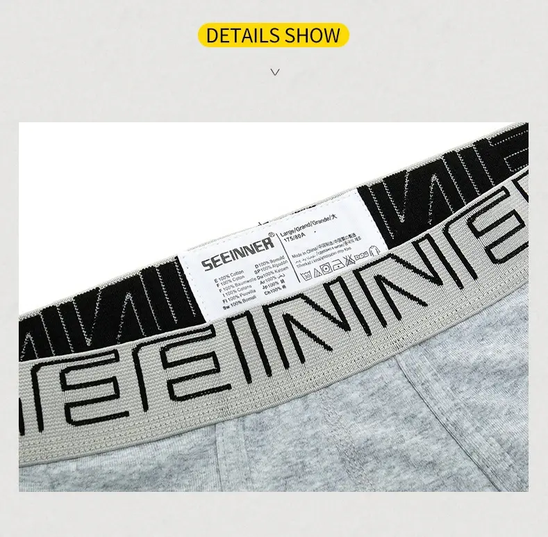 Seeinner Mens Boxer Shorts Cotton U Convex Pouch Pakaian Dalam Lembut Selesa Seluar Dalam Cueca Masculina M-XXL Hitam Putih Kelabu