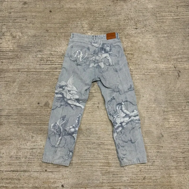 Y2k American Hip Hop Streetwear Angel Baggy Jeans Retro High Street Cupids Arrow Men Women Pants Unisex Casual Straight Jeans — image 4