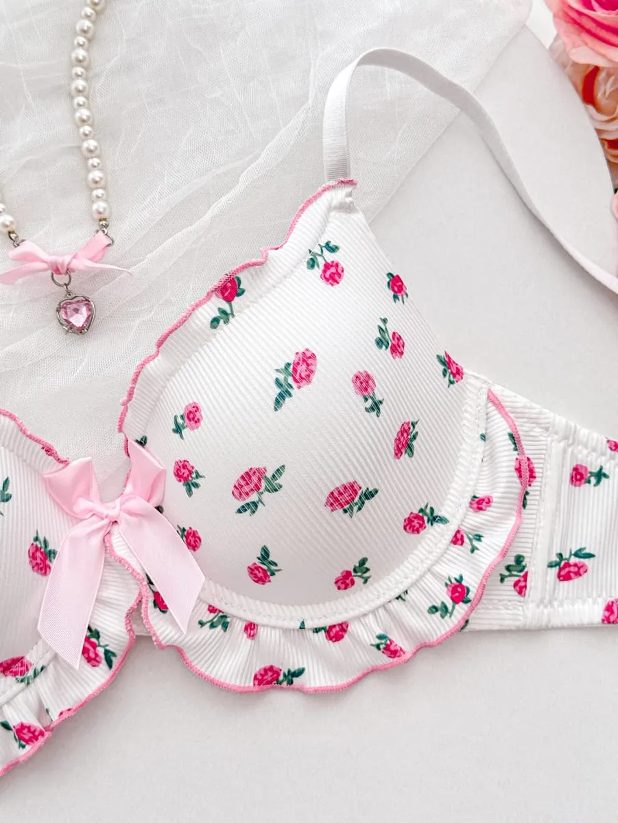Floral A B C D Cup Women's Underwear Set Ribbed Knit Push Up Bra Daily Comfort Panties Women Ruffle Edge Lingerie Set — image 4