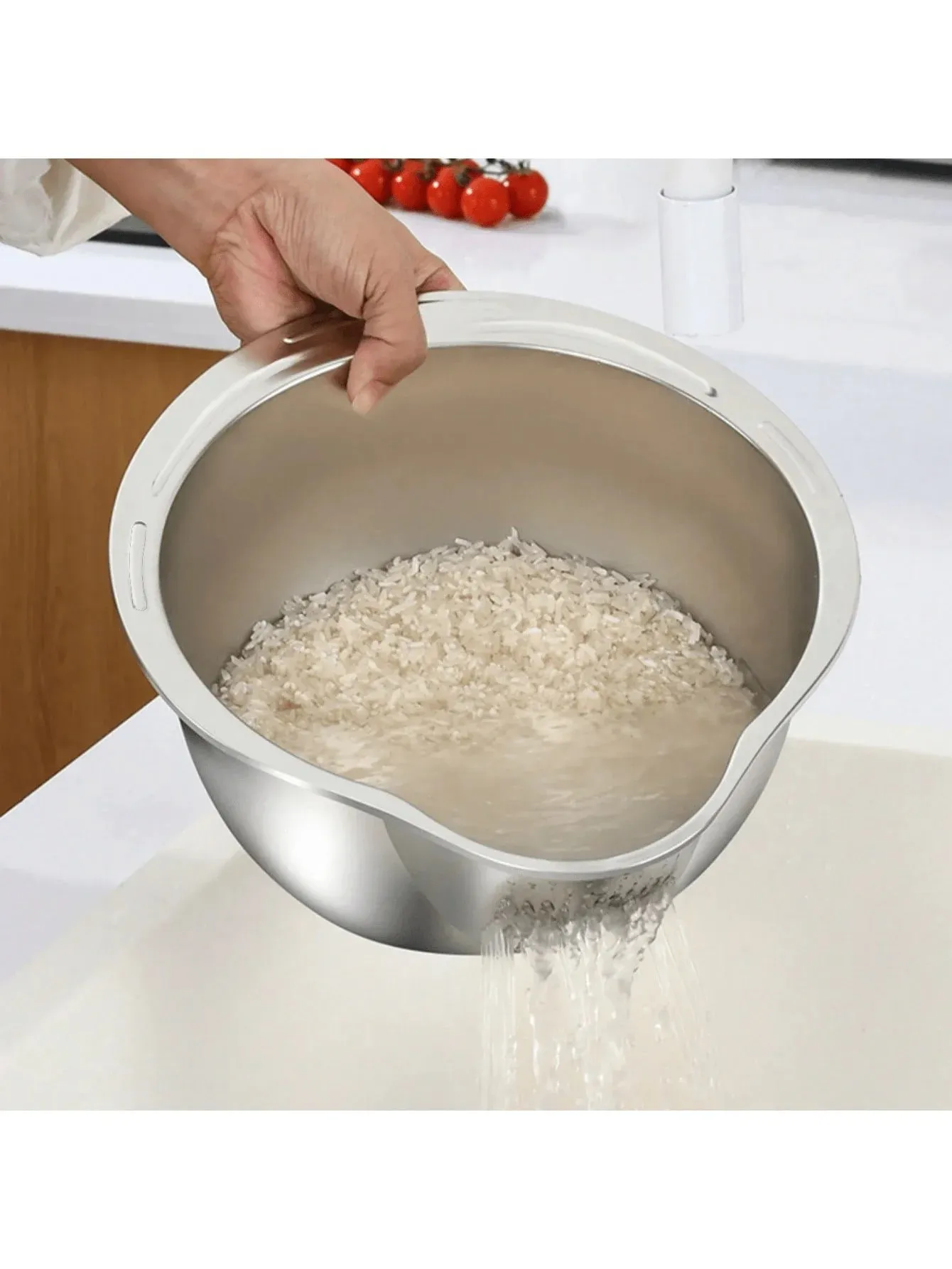 Stainless Steel Rice Washing Bowl with Drain Holes 2-in-1 Vegetable Fruit Strainer Colander Basket for Kitchen Sink — image 7