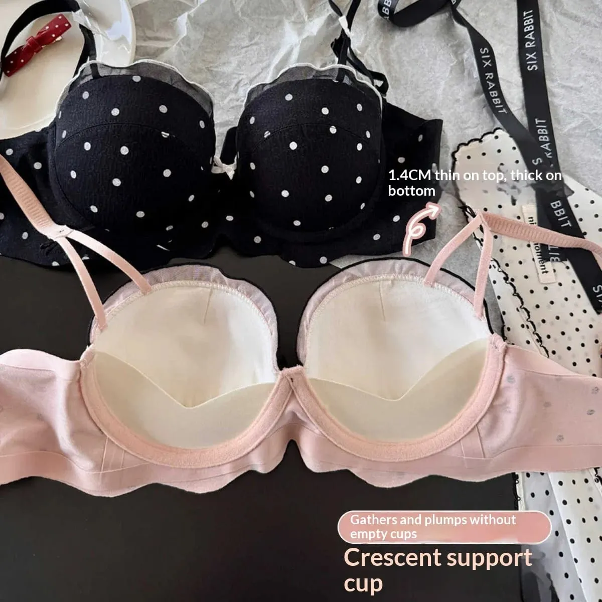 레이스 폴카 도트 브래지어 투피스 세트 작은 가슴 수집 방지 처짐 측면 유방 컬렉션 편안한 와이어 프리 란제리 세트 — image 5