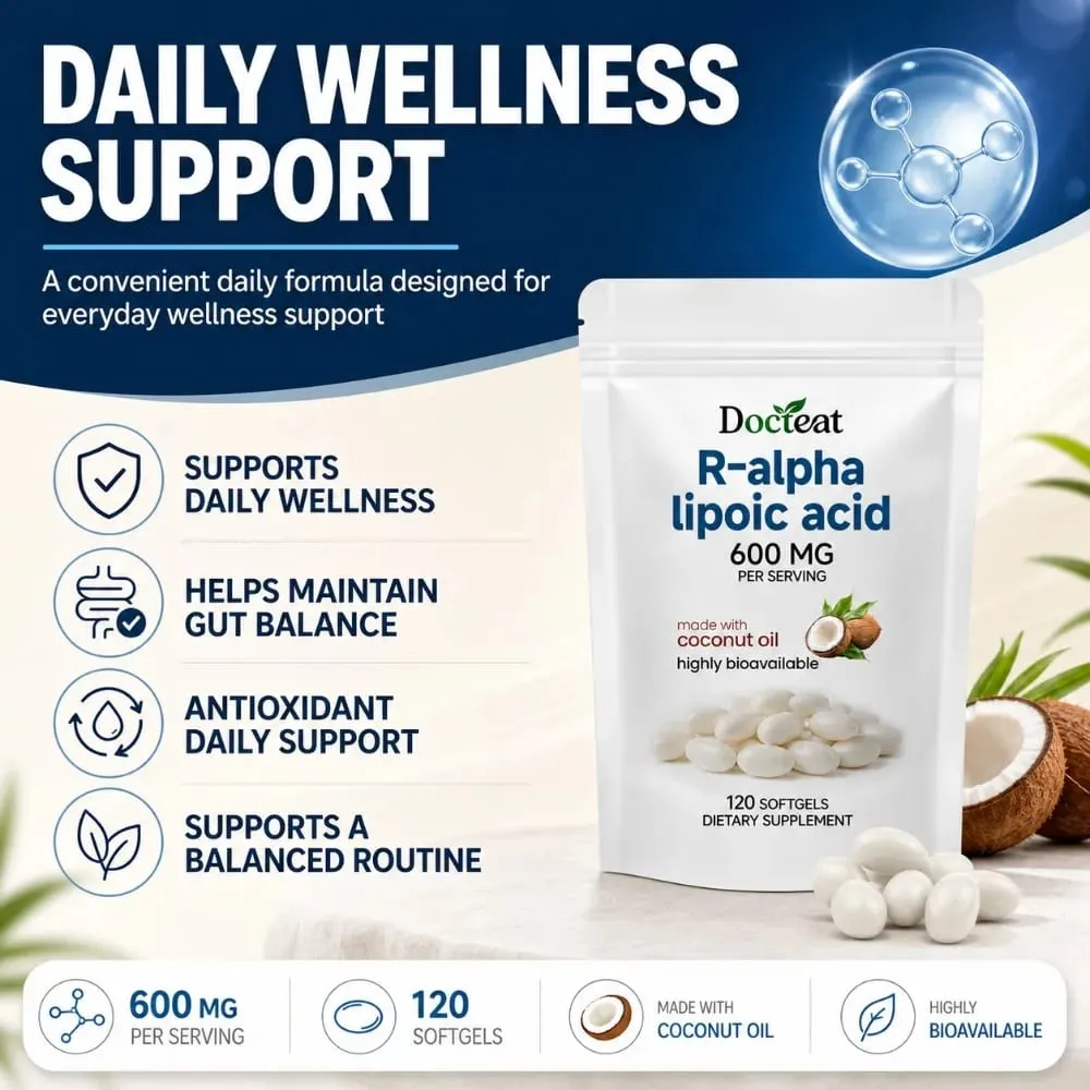 R-Alpha Lipoic Acid Softgels 600 mg Per Serving 120 Count Made with Coconut Oil Convenient Daily Wellness Nutritional Support — image 3