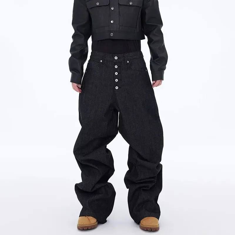 High Street Retro Buckle Design For Men'S Jeans Street Ruff And Handsome Loose Casual Wide Leg Pants Black Jeans