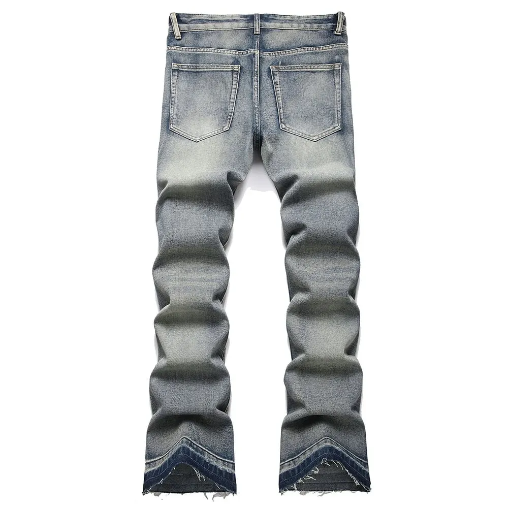 Men's Boot Cut Jeans Streetwear Patches Released Hem Pants Vintage Blue Embroidery Patchwork Flared Trousers — image 2