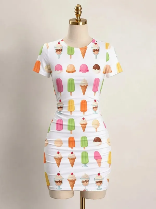 Womens Short Sleeve Bodycon Mini Dress Slim Fit Crew Neck Floral Print Casual Summer Party Cute Comfy Vacation Vacation Sundress — image 12