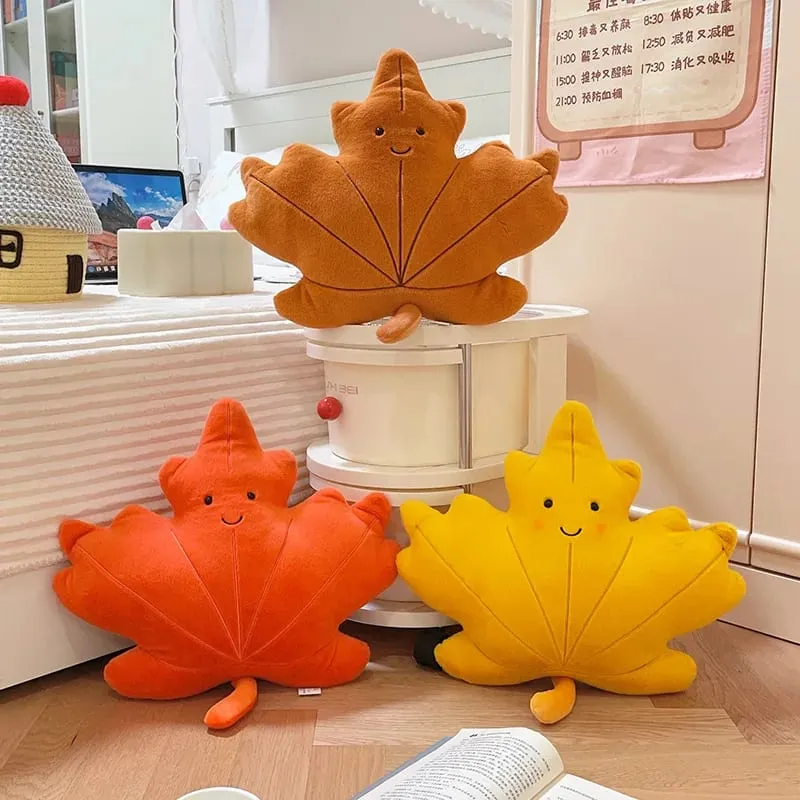 Smiling Face Maple Ginkgo Leaf Plush Pillow Stuffed Kawaii Plant Cushion Sofa Chair Decoration Gift