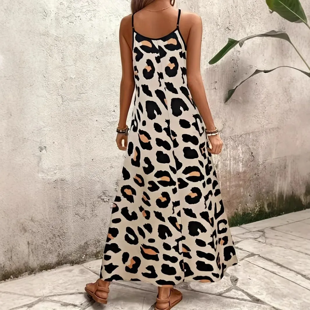 2026 New Women Leopard Print Spaghetti Strap Maxi Dress Sleeveless V Neck Casual Long Dresses Summer Beach Vacation Outfit — image 4