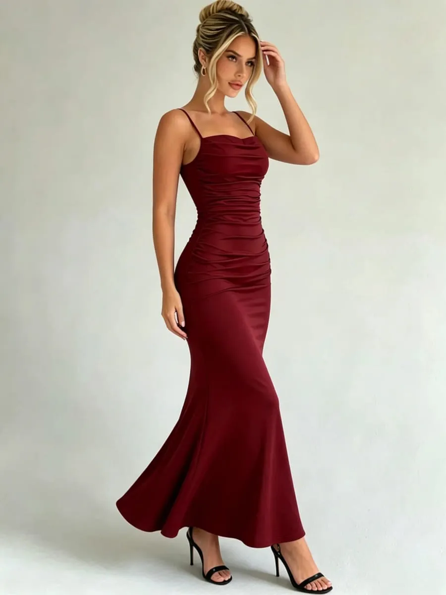 Women Spaghetti Strap Ruched Mermaid Maxi Dress Square Neck Bodycon Elegant Evening Party Long Dress — image 5