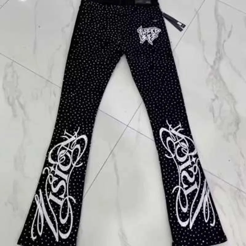 Punk Flame Streetwear Solid Casual Denim Trousers Stage Dancing Rhinestone Print Washed Black Baggy Jeans HipHop Casual Denim Pa — image 5