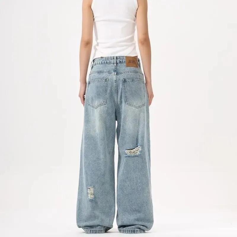 2025 New American style patchwork structure denim pants with holes men's and women's loose wide leg unisex straight leg jeans — image 4