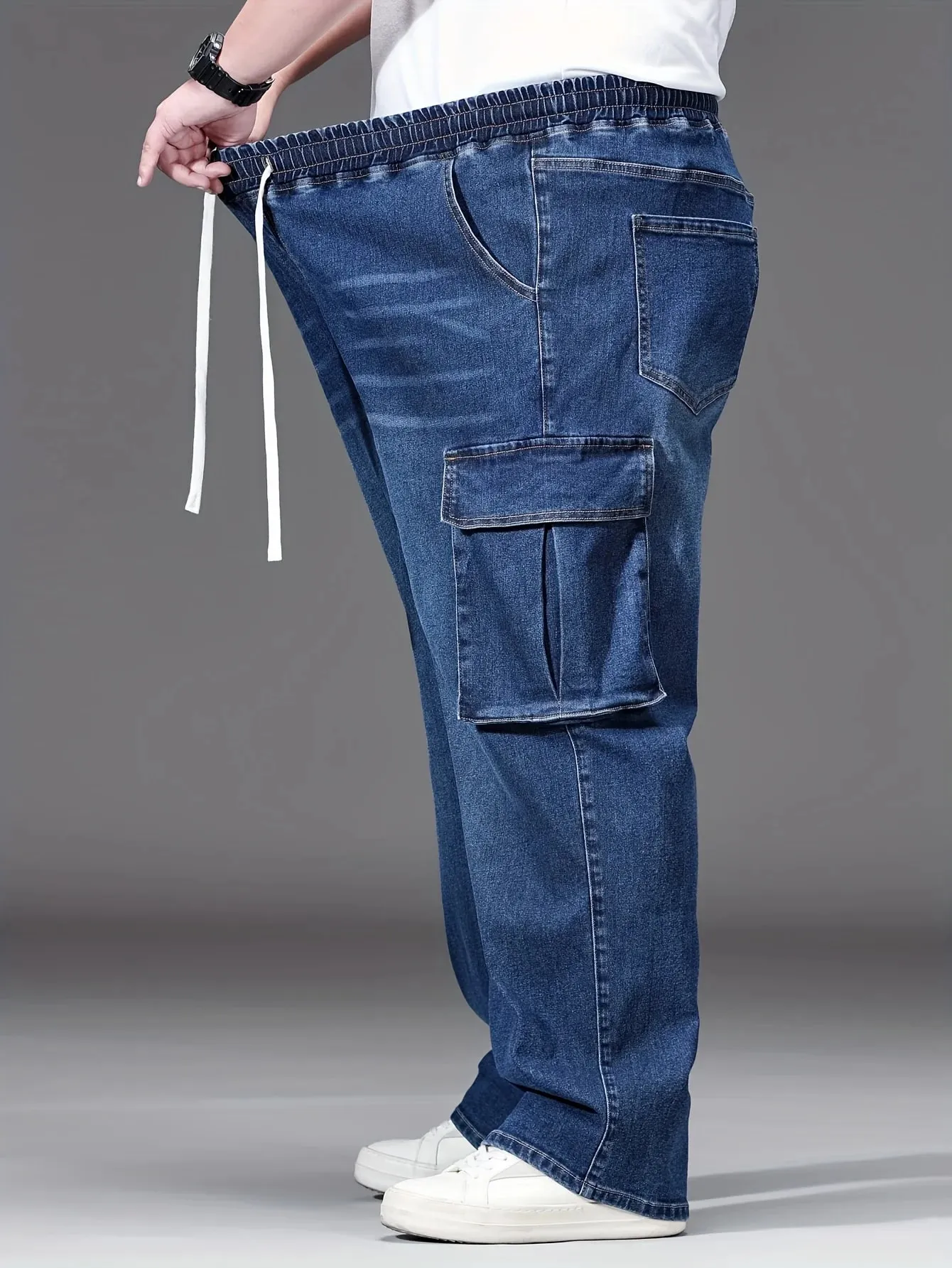 2026 New Men Oversized Jeans High Waist Elastic Drawstring Stretch Baggy Denim Pants Casual Versatile Plus Size Trousers — image 3