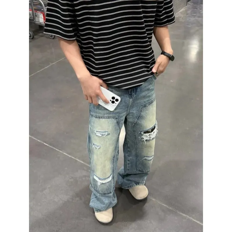 Mænds jeans Mandebukser Kraftig vasket multilomme snedkerstil Lige løse denimbukser Casual Fit High Street — image 4