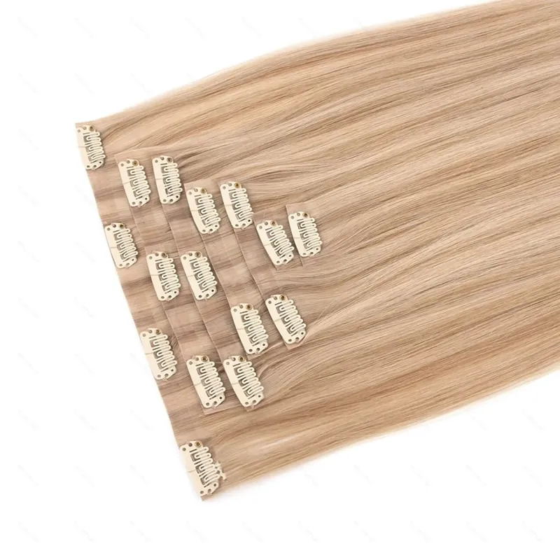 PU Clip Ins Human Hair Premium Remy Clip In Extensions On Tape Weft Silk Straight European Real Natural Hair 14-24inch 7pcs 110G