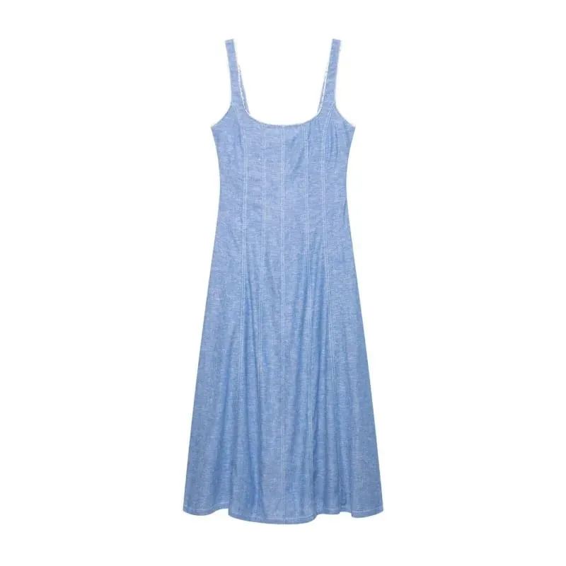 Women's Lace Trim Dress Summer New Square Collar Wide Strap Sleeveless Midi Dress Fashion Casual Female Daily Commute Dresses — image 1