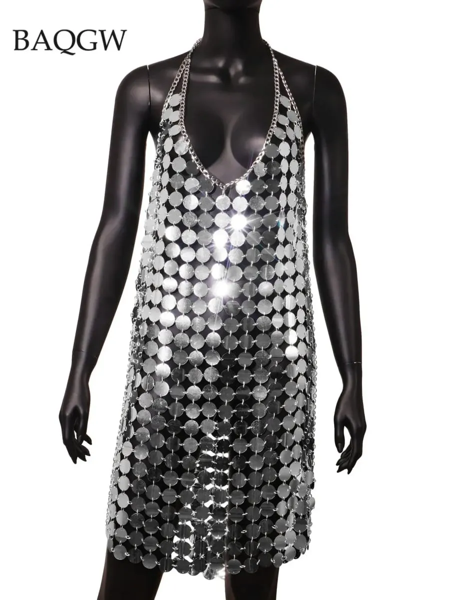 أزياء المرأة بلا أكمام مثير عارية الذراعين بريق الذهب الأسود Chainmail الترتر المرقعة فساتين صغيرة ديانا القرص الفضي اللباس — image 7