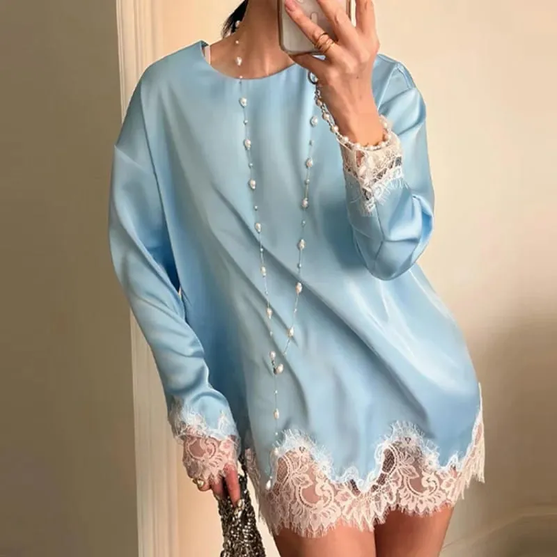 Satin Lace Patchwork Dress Women Long Sleeve O-neck Casual 2026 Spring Female Dresses Casual Solid Beach Robe Not Contain Pearls — image 8