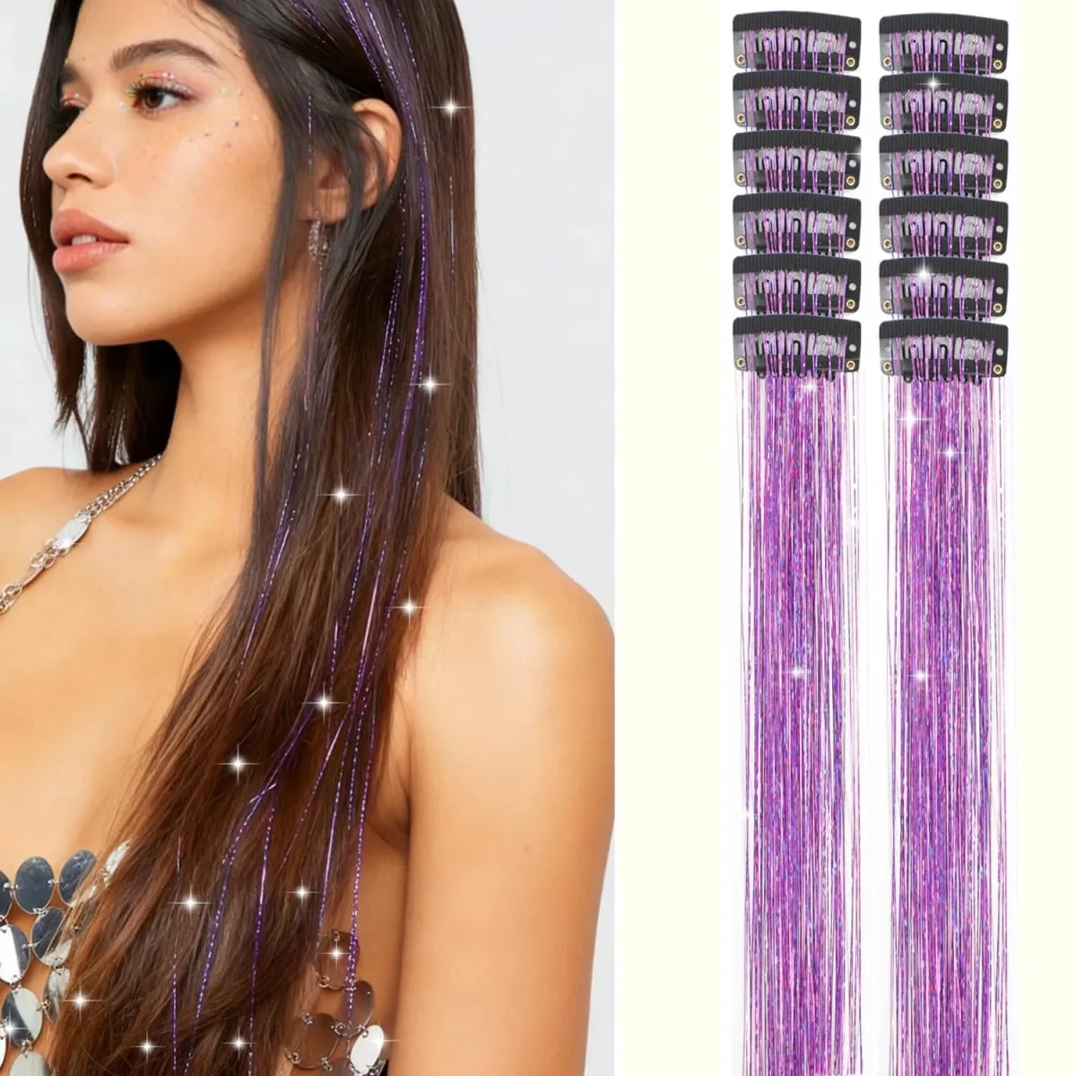 12 Pcs Clip in Hair Tinsel Sparkly Glitter Fairy Hair Extensions Shiny Hair Accessories For Girls Women Kids Party Festival — image 8