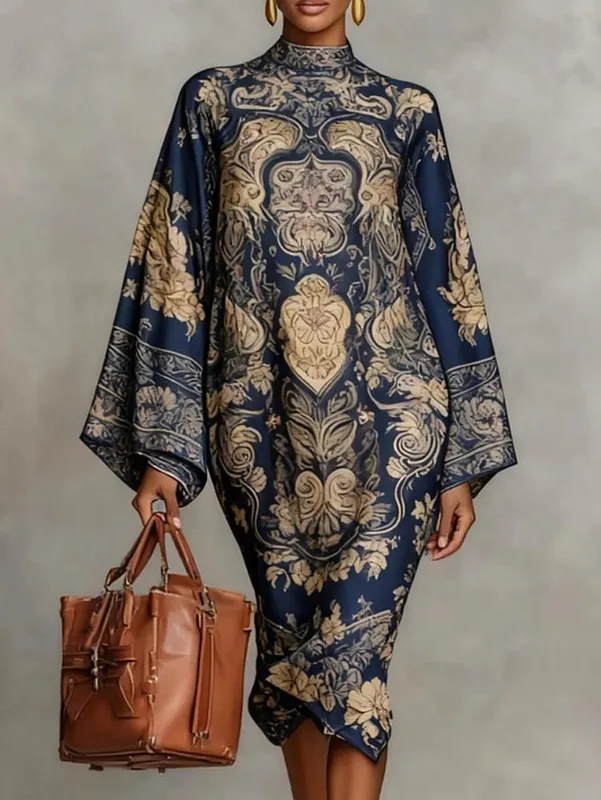Women's Vintage Elegant Printed High Neck Kaftan Dress Long Sleeves Loose Elegant Evening Midi Dresses Robe 2026 New — image 6