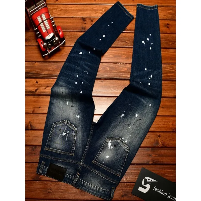 High end nostalgic jeans for men slim fit with small holes patches scraped inkjet street trend elastic retro denim pants