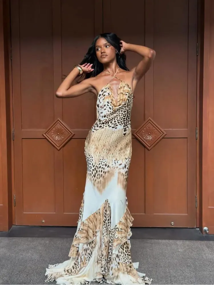 Women's Leopard Print Long Maxi Dress Halter Neck Plunge Front Tiered Ruffle Mermaid Skirt Elegant Party Cocktail Daily Gowns — image 1
