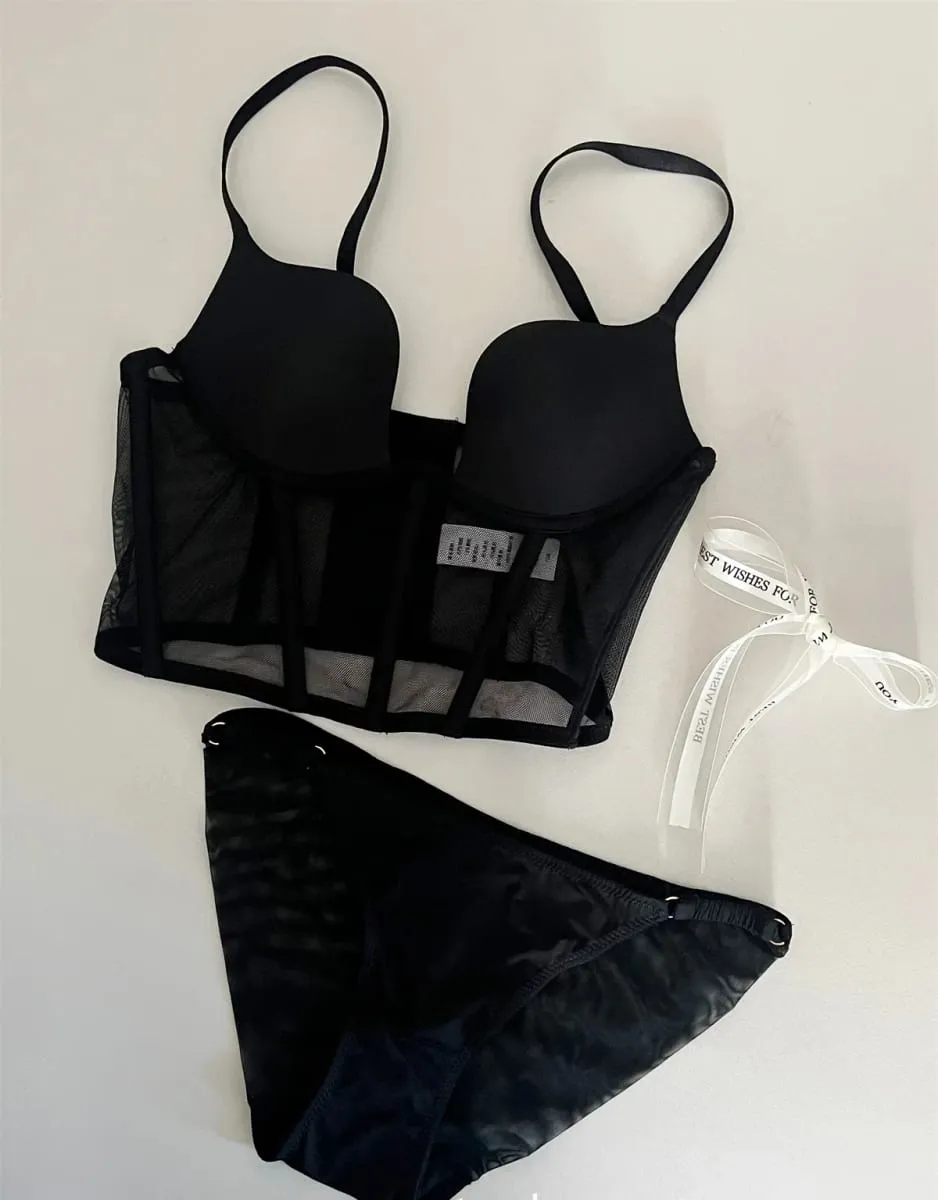 Sexy black fishbone bra underwear with steel ring top support lingerie bra set gathering women large size bralette — image 2