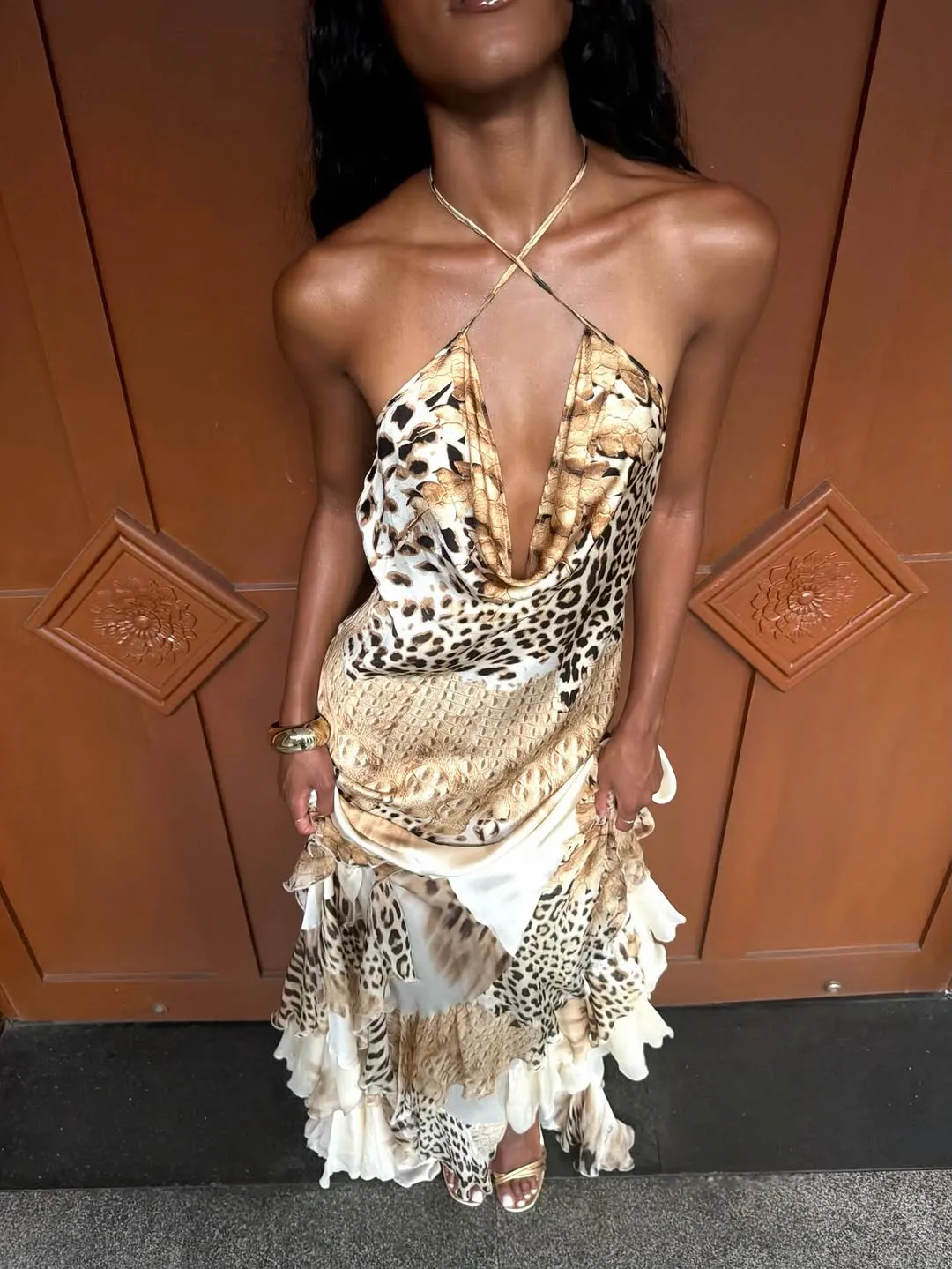 Women's Leopard Print Long Maxi Dress Halter Neck Plunge Front Tiered Ruffle Mermaid Skirt Elegant Party Cocktail Daily Gowns — image 2