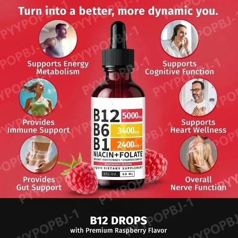 Vitamin B12 Liquid Drops 60ml Raspberry Flavor with Vitamin B6+B1 Etc Multivitamin Support Energy Recovery & Brain Heart Health — image 5