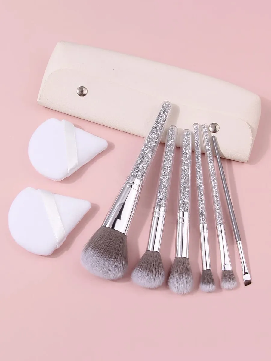 9Pcs Glitter Handle Makeup Brushes Set with Triangle Powder Puff Portable Storage Bag Foundation Blush Eyeshadow Blending Tools — image 3