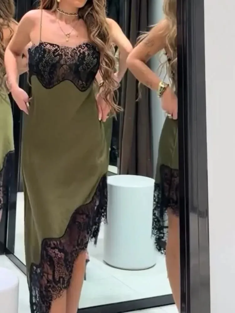 Chic Lace Patchwork Satin Camisole Dress Sleeveless See Through Irregular Hem Dresses 2026 New Party Daily Outdoor Casual Attire — image 3